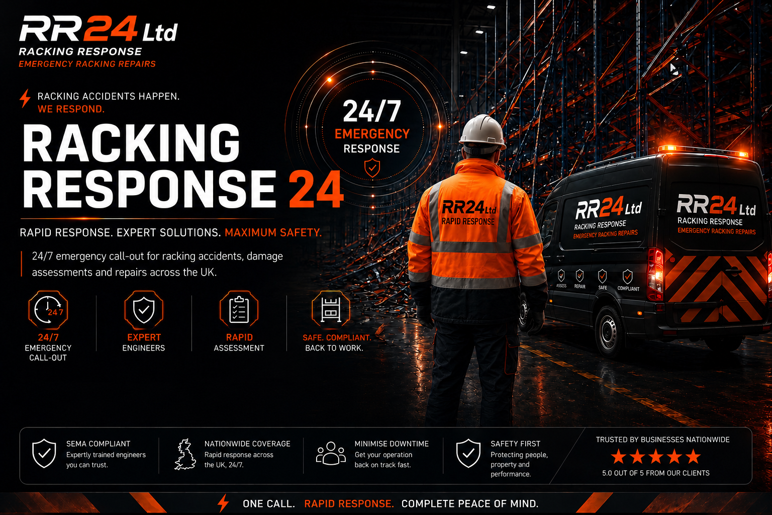 RR24 Ltd emergency racking response engineer and van at a warehouse — 24/7 emergency pallet racking repairs across the UK