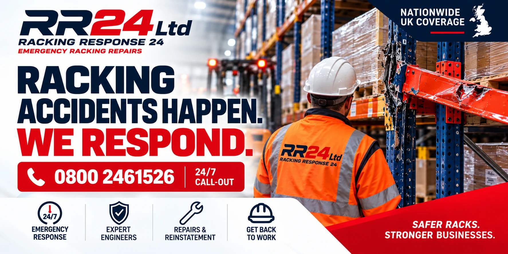 RR24 Ltd Racking Response 24 — forklift at damaged pallet racking in a UK warehouse, 24/7 emergency response with nationwide UK coverage