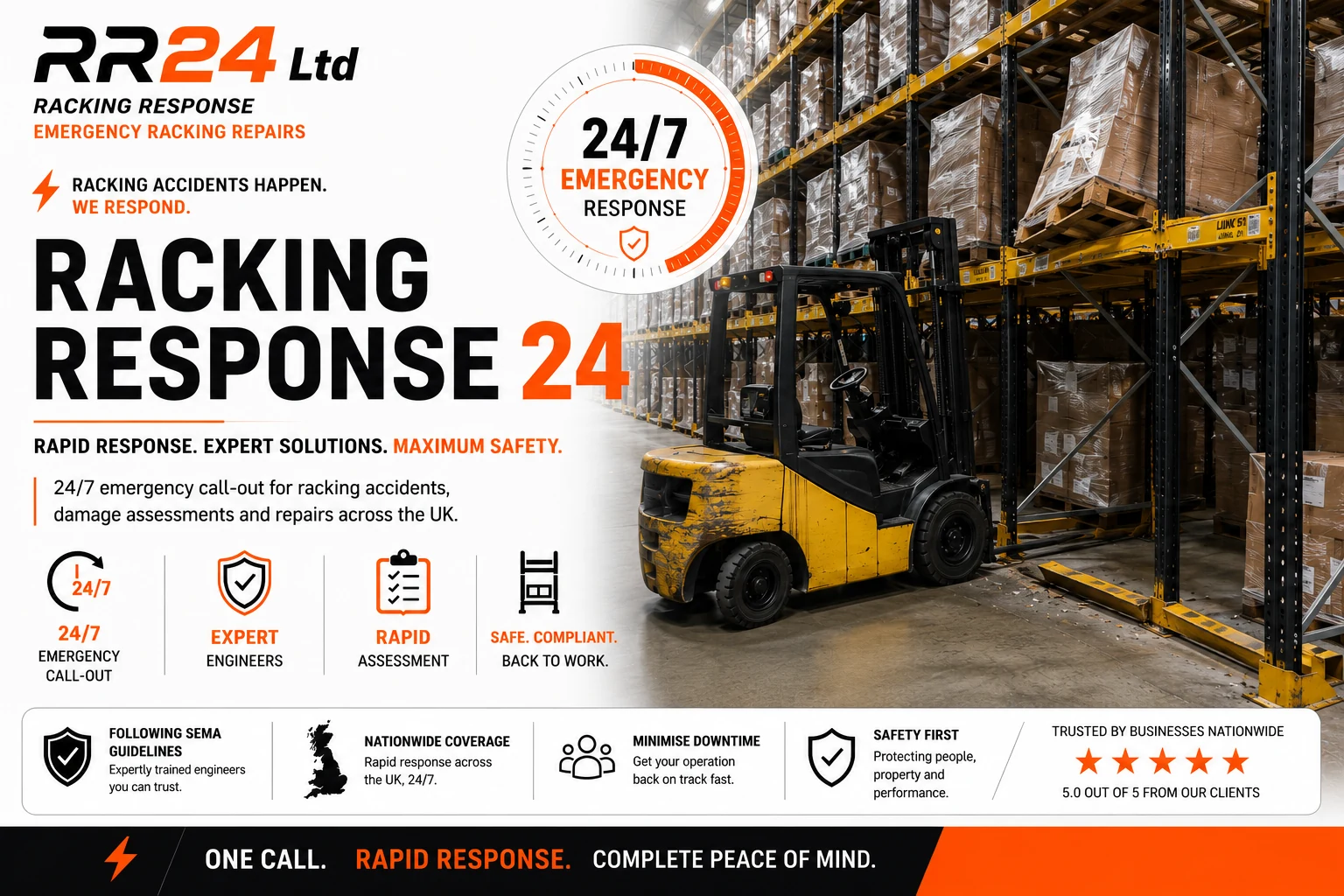 RR24 Ltd emergency racking response engineer and van at a warehouse — 24/7 emergency pallet racking repairs across the UK